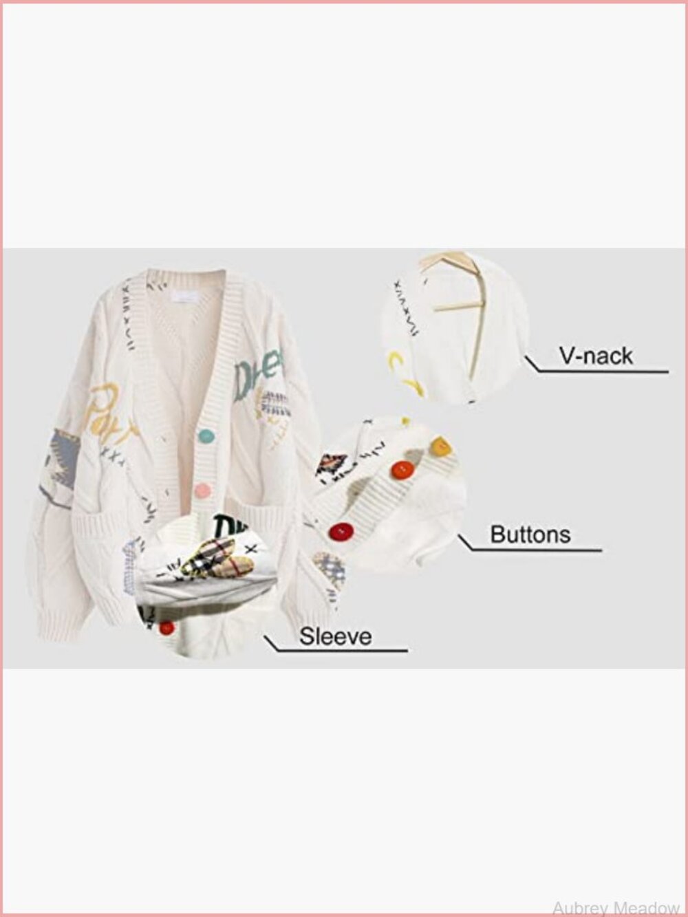 Cable Knit Open Front Cardigan Long Sleeve Button Down Embroidery Sweater - Picture 5 of 6